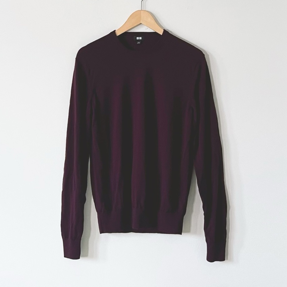 Uniqlo Men’s Crew Neck Wool Fall Sweater Burgundy Brown Purple Soft Knit Size S